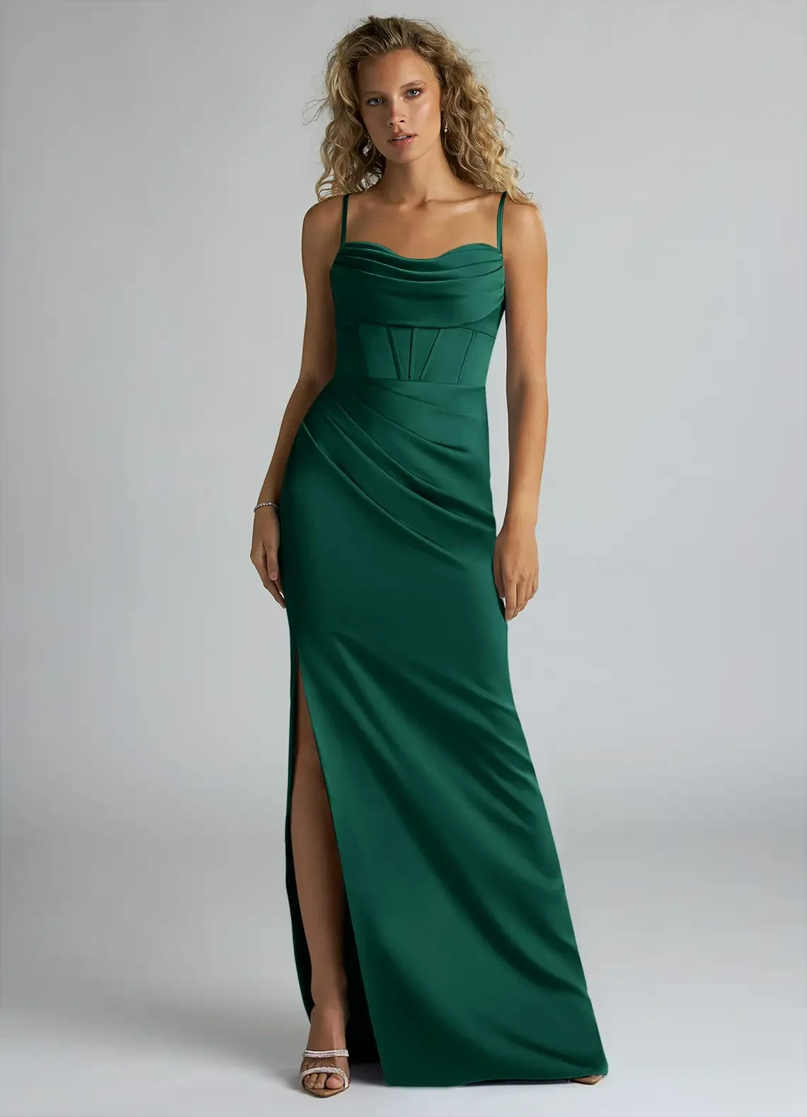 Azazie Mai Stretch Emerald Sheath Pleated Stretch Satin Dress size A2 NWT