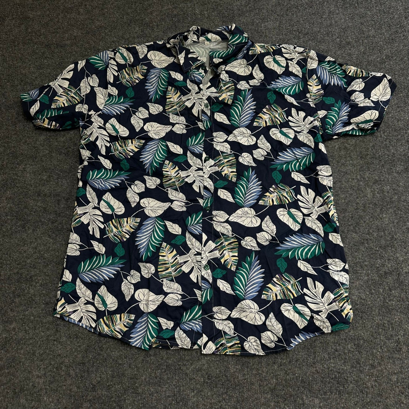 Unbranded Shirt Mens Size L Navy Blue Tropical Leaf Blend Button Down Short