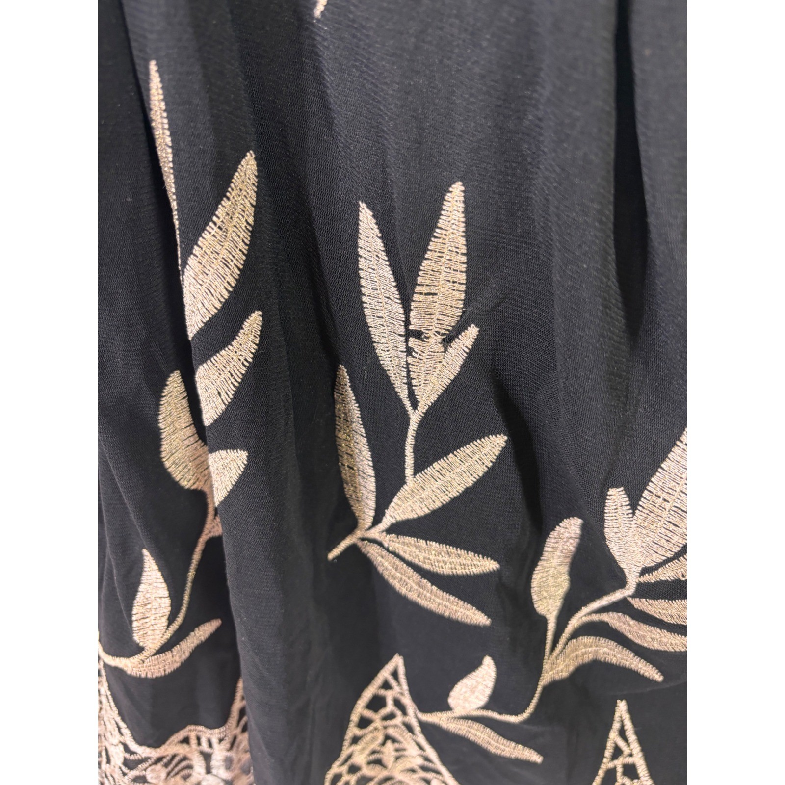 Alfani Womens XL Black Gold Metallic Leaf Embroidered Lace Hem Blouse Top