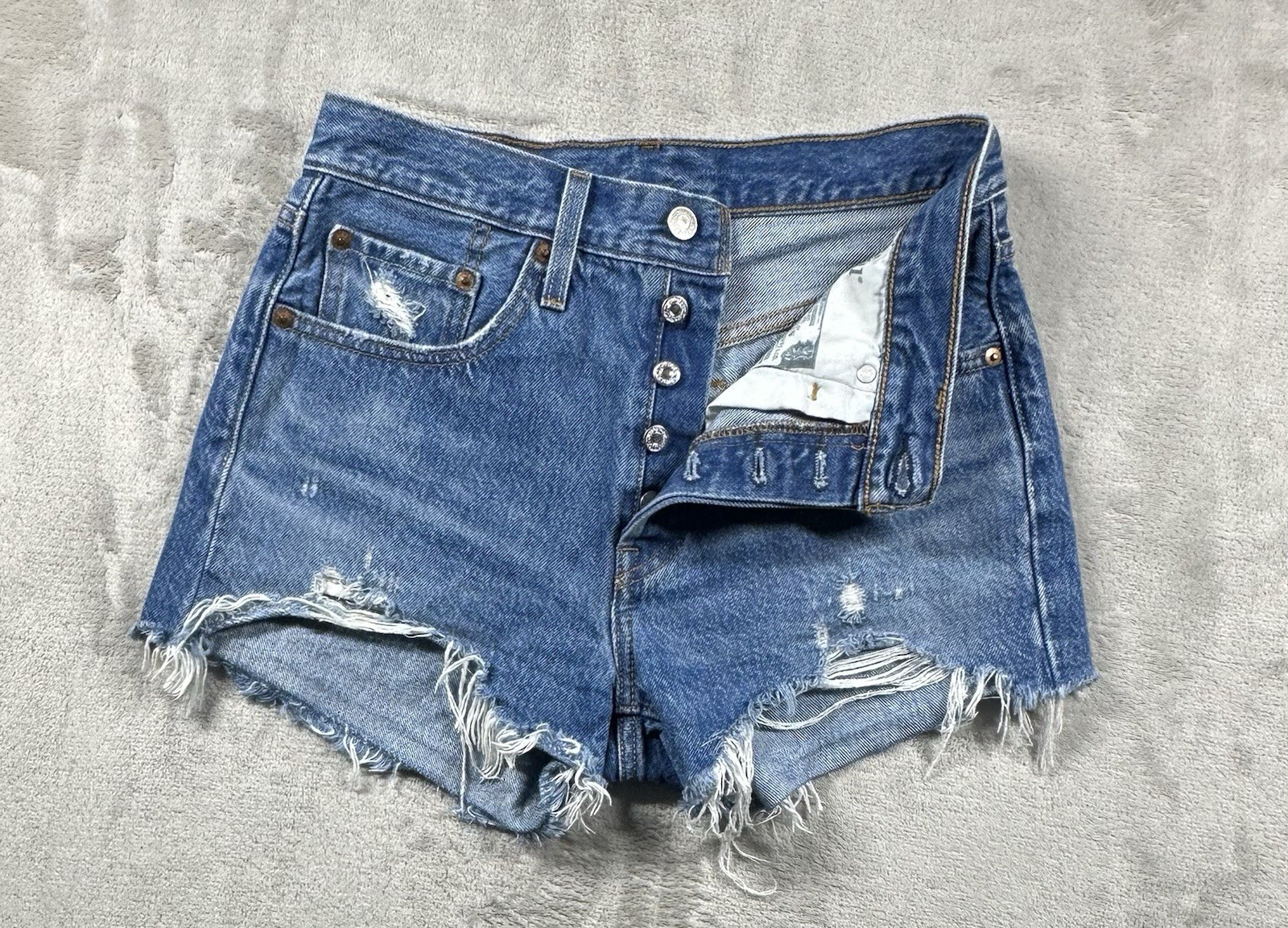 Levi’s Premium 501xx Cut Off Denim Shorts Womens 26 (Actual 28”) Blue Distressed