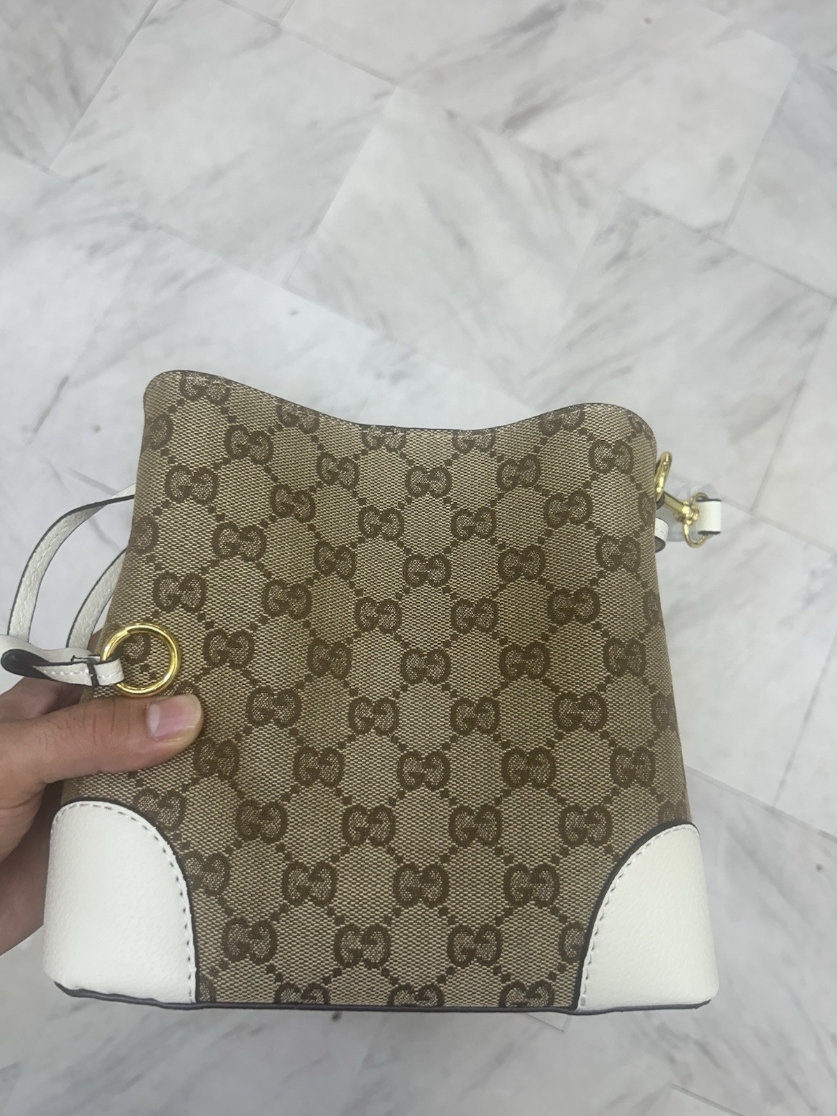 Gucci GG Supreme Monogram Small Bucket Bag Brown White Gold Drawstring Strap