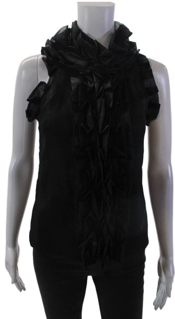 Robert Rodriguez Black Ruffle Neck Sleeveless Blouse Top Semi Sheer Size S Luxe