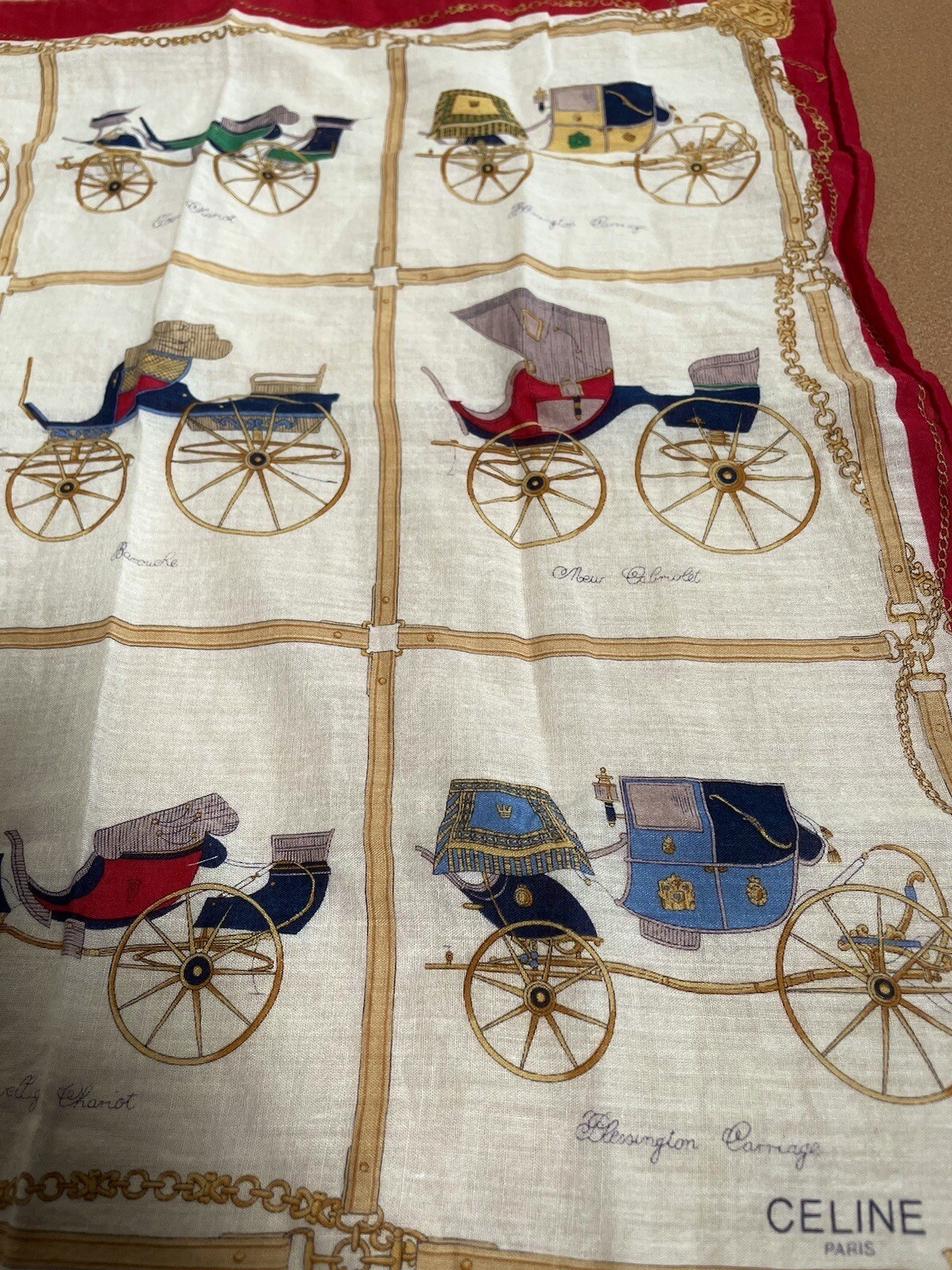 CELINE Paris Luxury Horse Carriage Red Gold Chain Rolled Hem Vintage 18” Rare