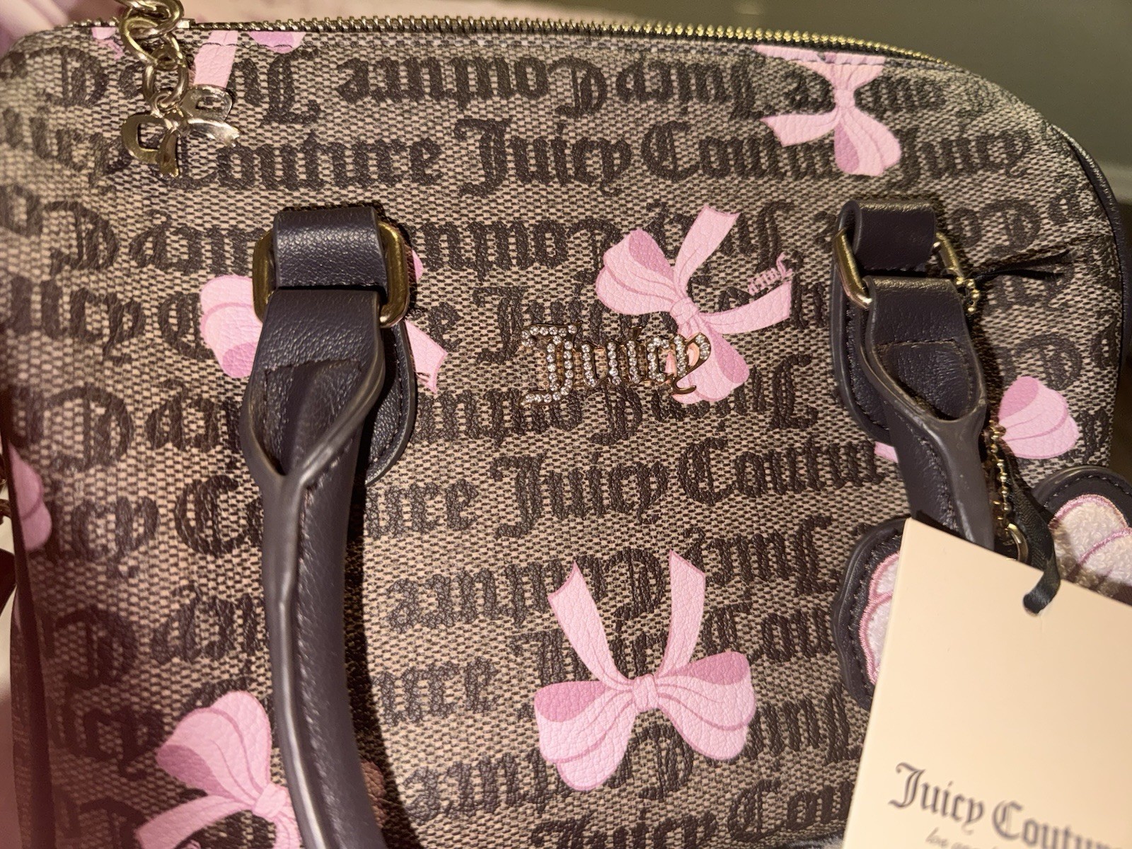 Juicy Couture Brown & Pink Logo Bow Satchel Top Handle Zip w/ Detachable Strap
