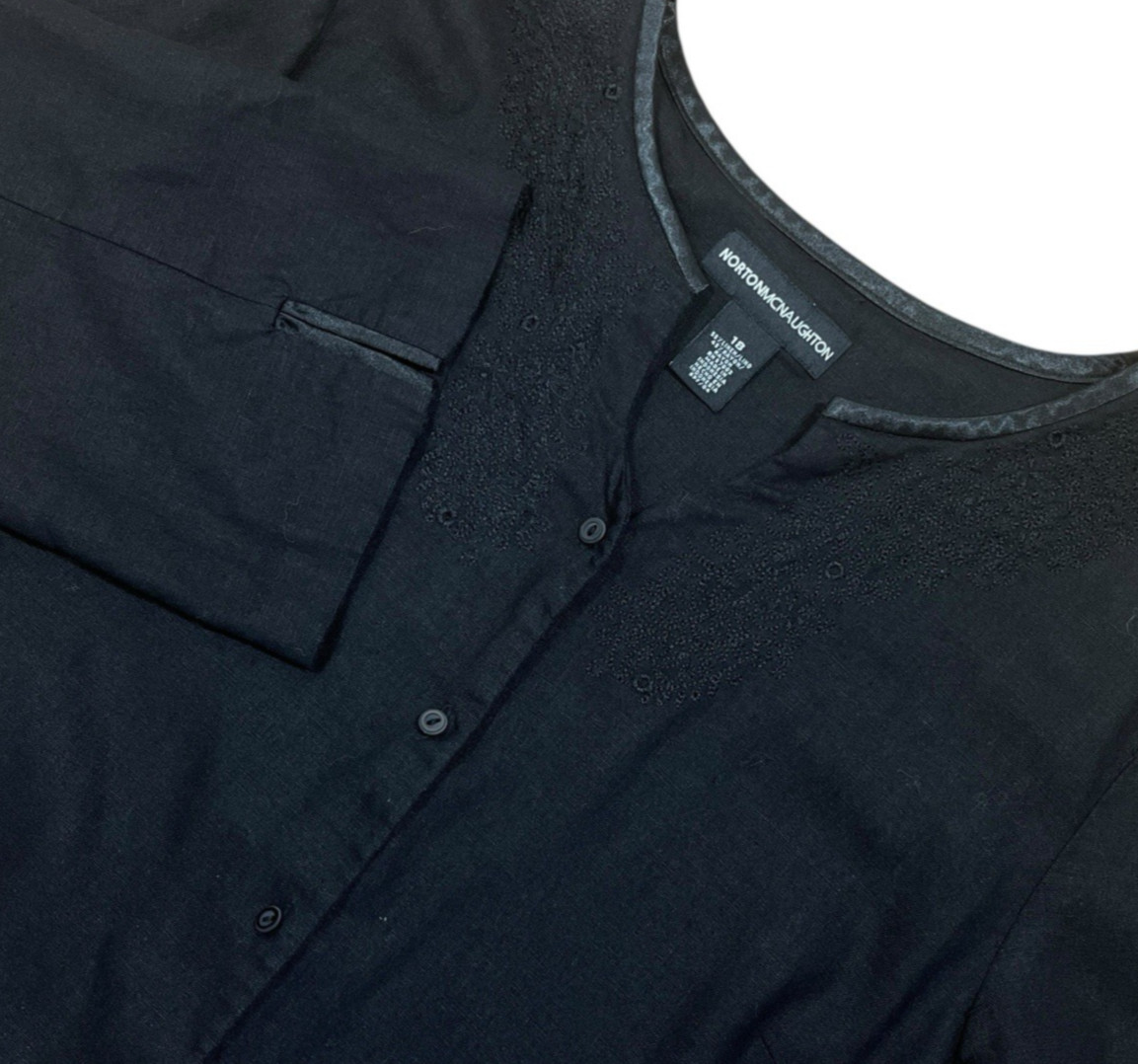 Norton Mcnaughton Linen Blend Blouse Womens 18 Black Floral Stitching Lagenlook