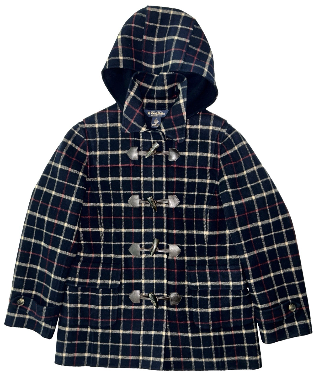 Brooks Brothers Duffle Coat Navy Plaid Wool Toggle Jacket Removable Hood Women M
