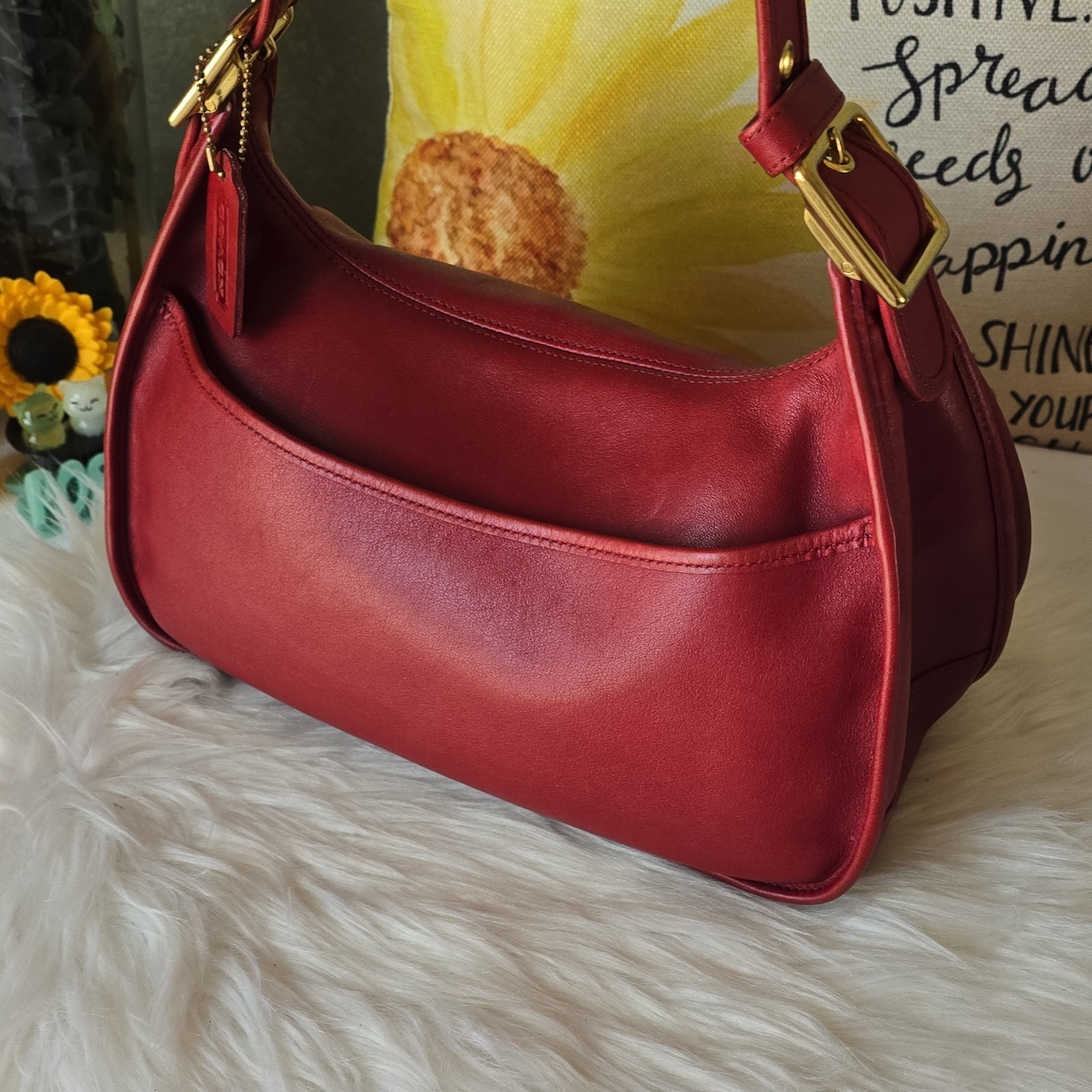 Coach Red Small Crescent Shoulder Bag Turn Lock Gold Hardware Hang Tag