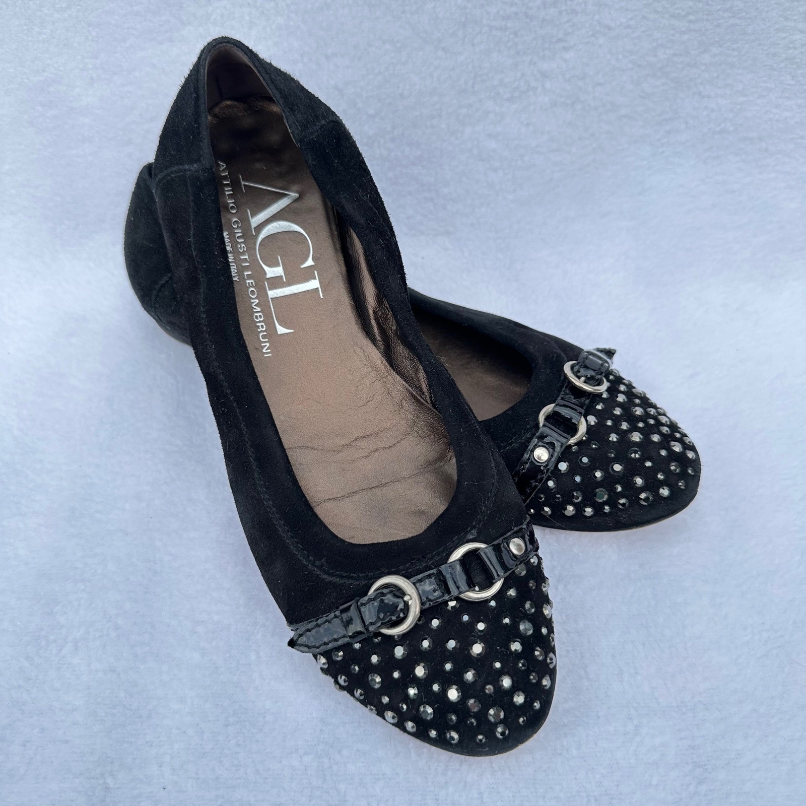 AGL Ballet Flats Womens 38 Black Suede Studded Buckle Made in Italy
