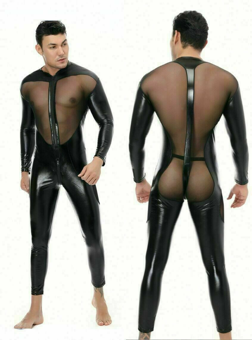 Men’s PU leather Mesh tight Bodysuit Lingerie Wet Look Shiny Long Sleeve Costume