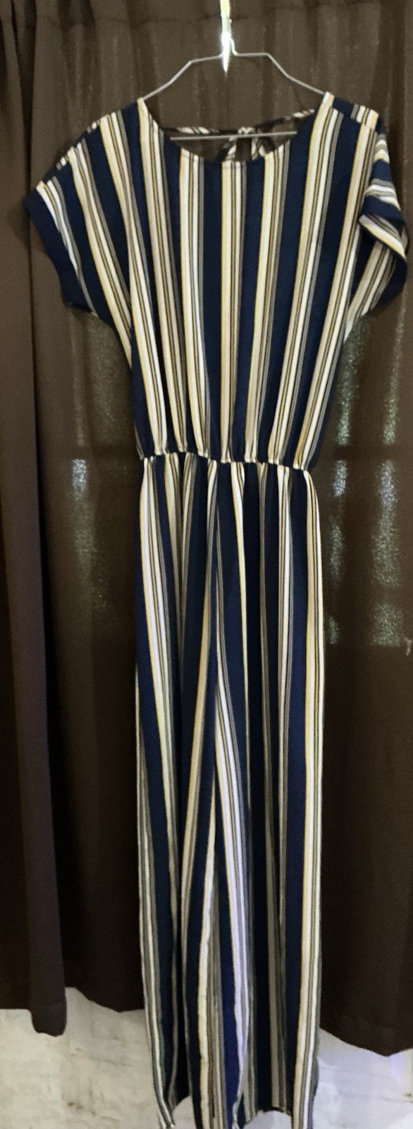 Ambiance Women’s Striped Jumpsuit Navy/White/Yellow V-Neck Short Sleeve M