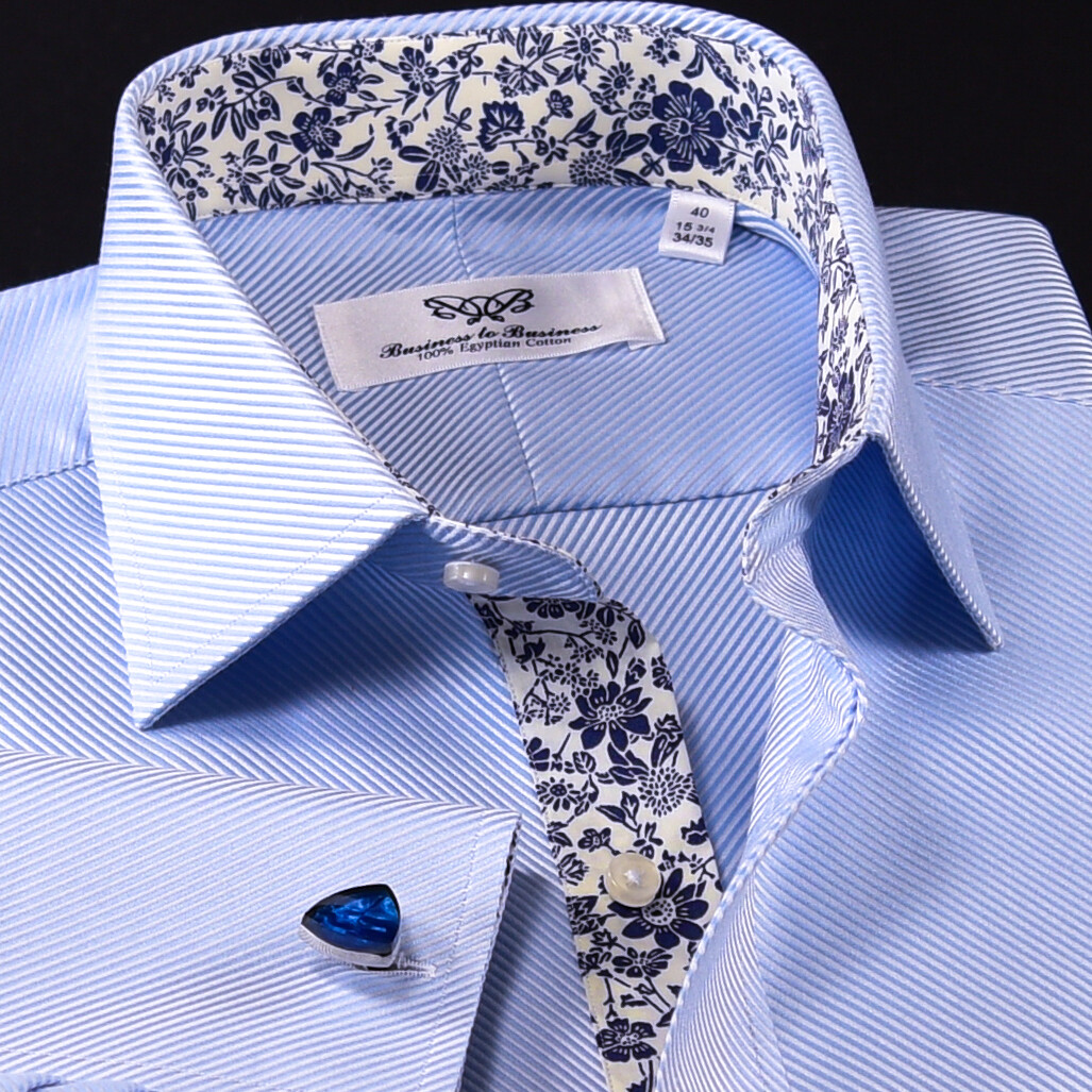 Blue Classic Elegant Twill Floral Inner Lining Double Cuffs Business Formal