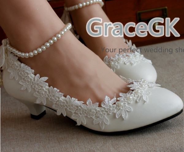 Women’s Lace Wedding Shoes Pearls anklet Bridal High Low Heels flat shoes
