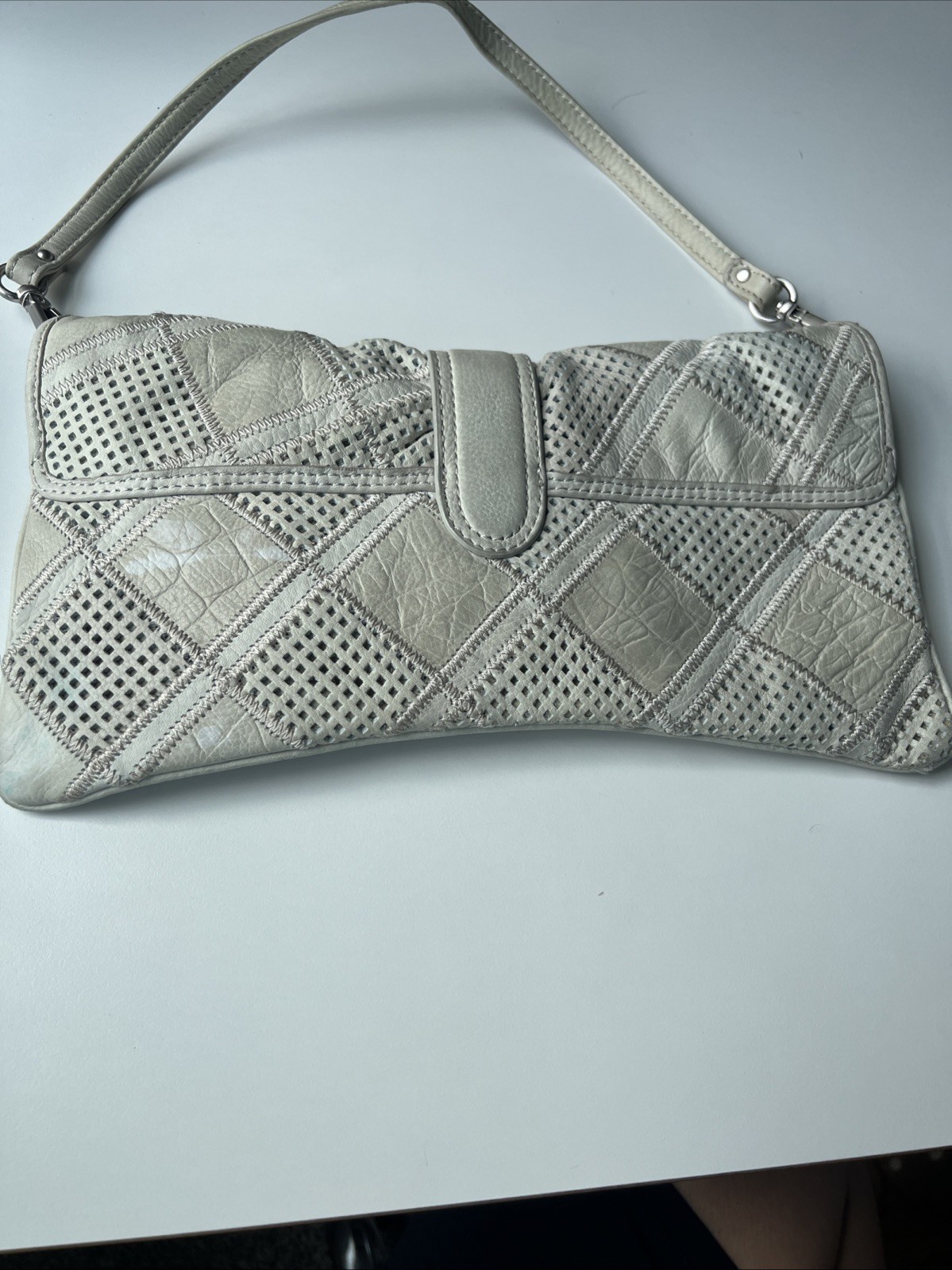 Makowsky Gray Leather Shoulder Bag Perforated Patchwork Silver Hardware Purse
