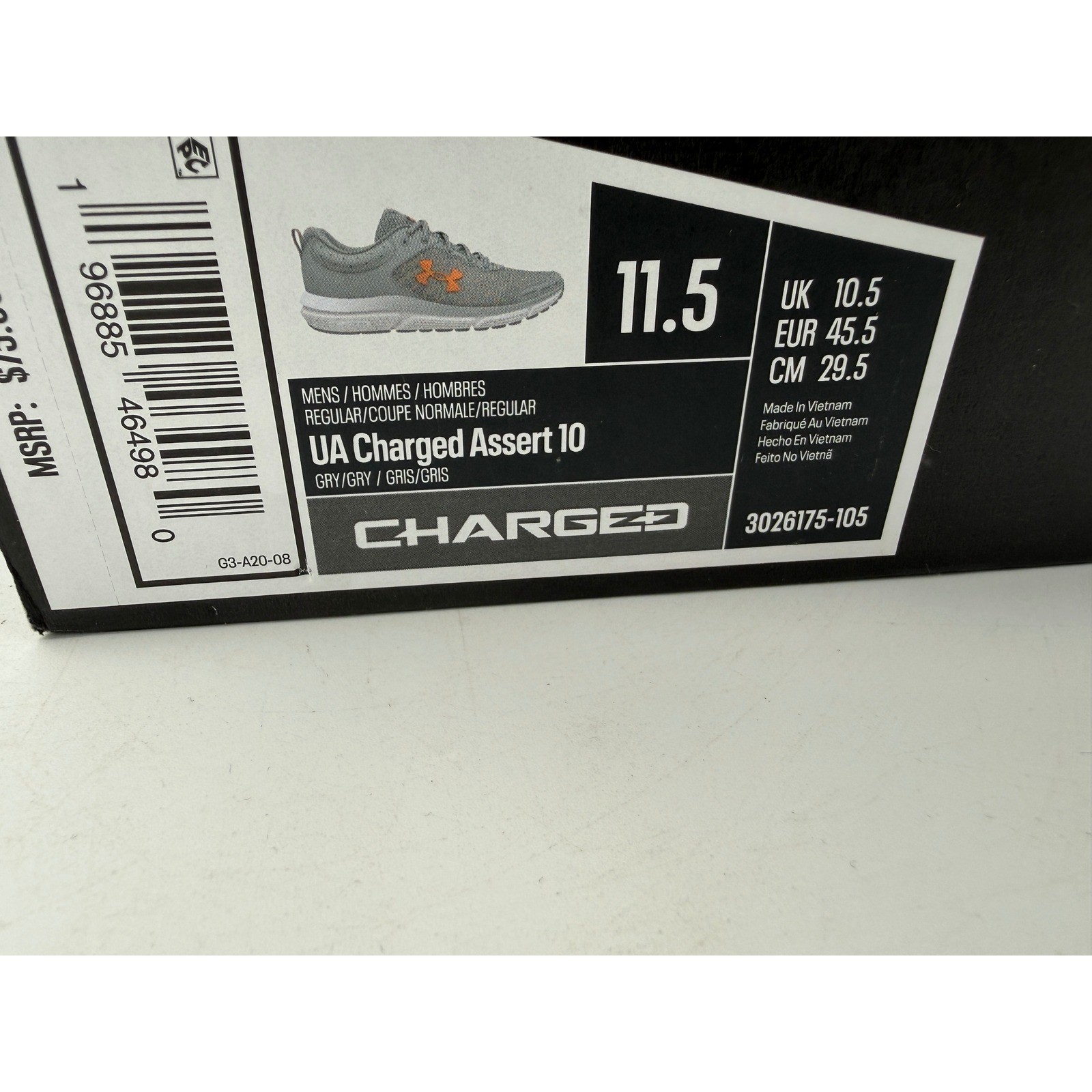 Under Armour Charged Assert 10 Mens 11.5 Grey Orange Running Shoes 3026175-105