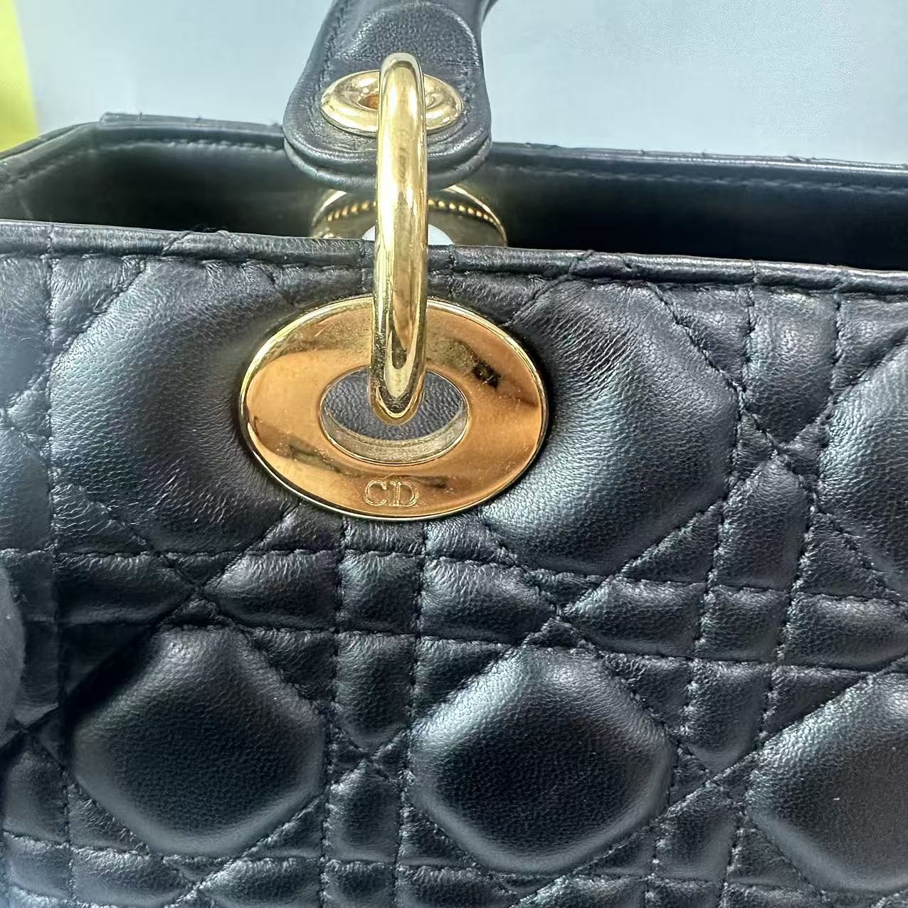 Auth Christian Dior Lady Dior Medium Black Lambskin Gold Hardware Handbag