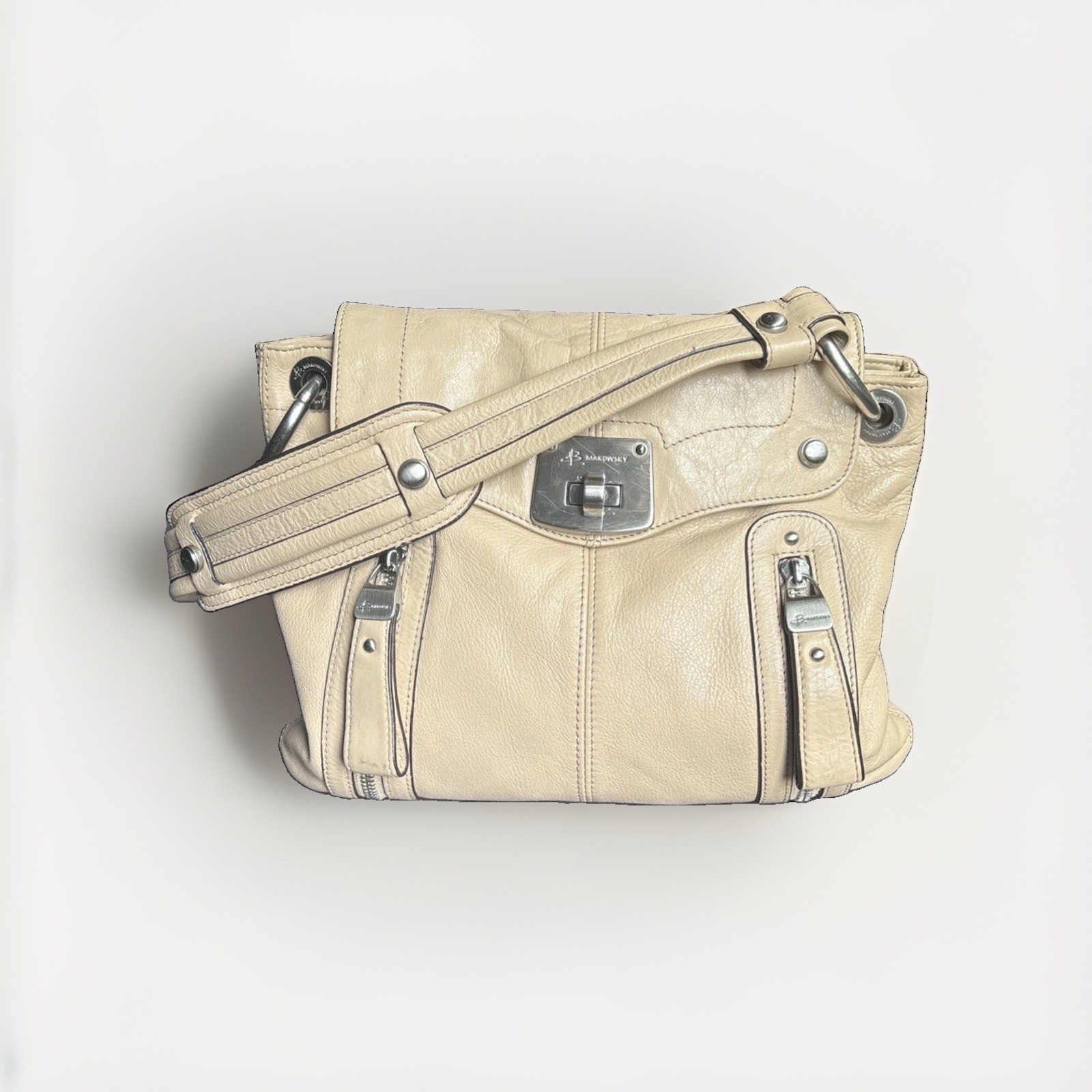 B. Makowsky Small Tan Leather Shoulder Bag Purse with Padded Single Strap