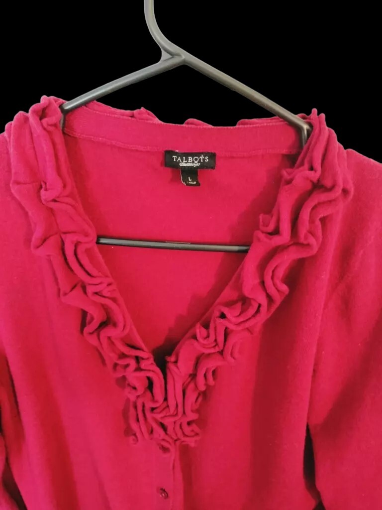 Talbots Large L Crimson Ruffled V-Neck Wool Blend Blouse Cottagecore Red