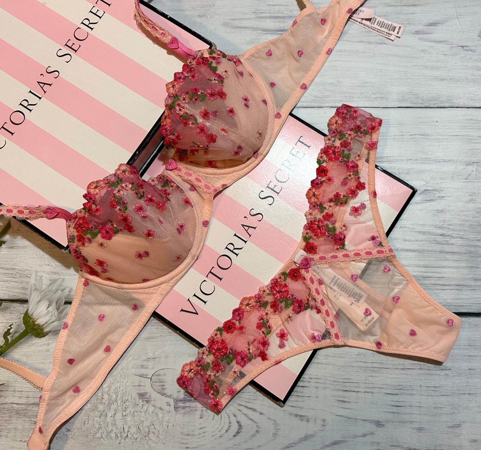 Victoria’s Secret Wicked Hearts & Roses Embroidery Unlined Balconette Bra 3 pcs