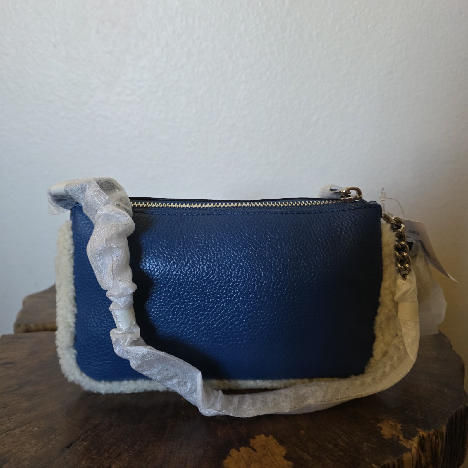 Coach Nolita 19 Shearling Blue Pebble Leather Wristlet Chain Bag NWT