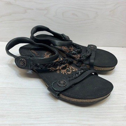 Aetrex Jillian Black Leather Braided Strap Cork Sandals Womens 10 SC450W