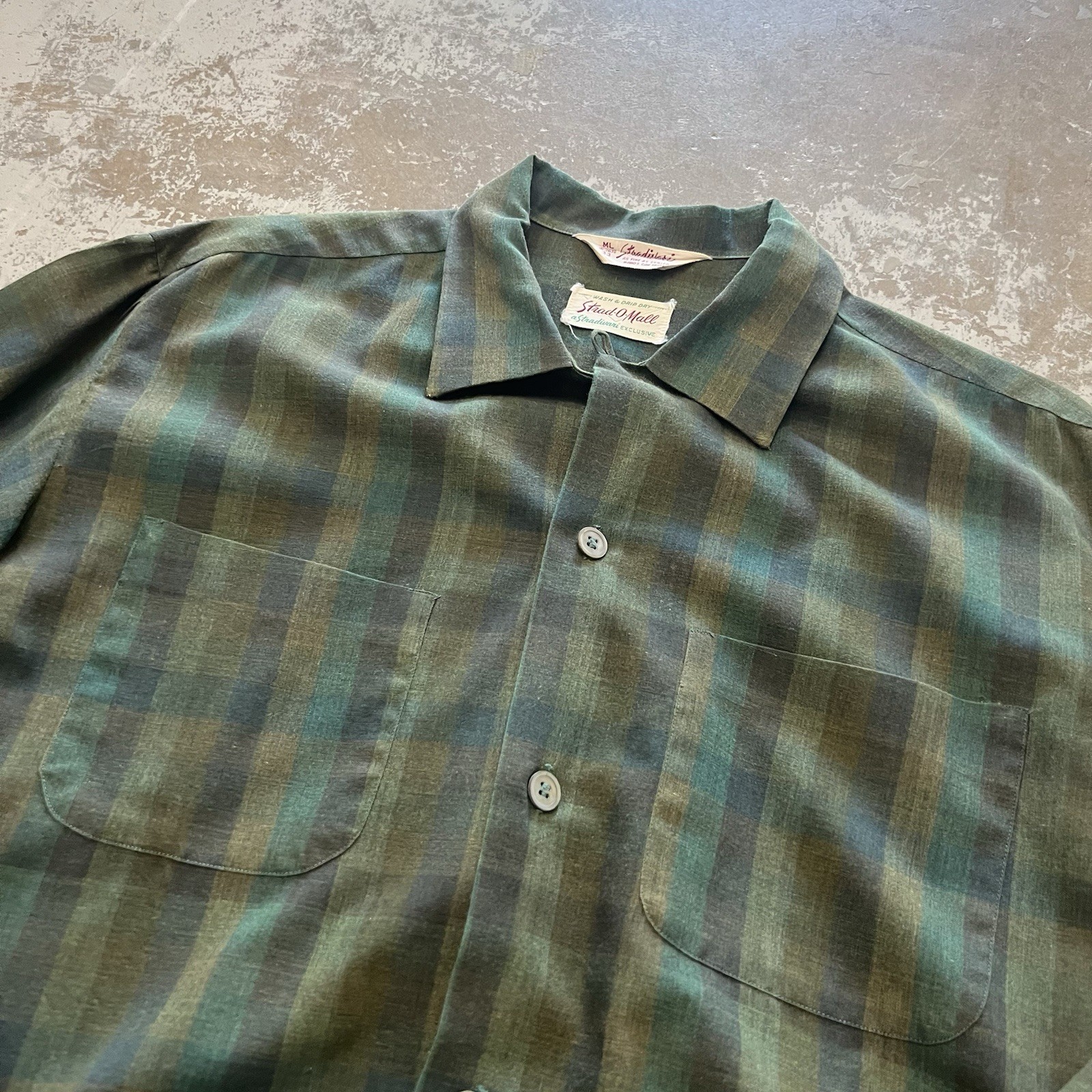 Vintage 50s Stradivari Loop Collar Shirt Medium L 33 Rockabilly Shadow Plaid Vtg