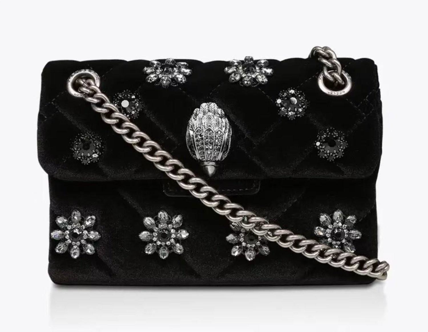 Kurt Geiger London Black Velvet Quilted Crossbody Silver Eagle Flower 20×8×15 cm