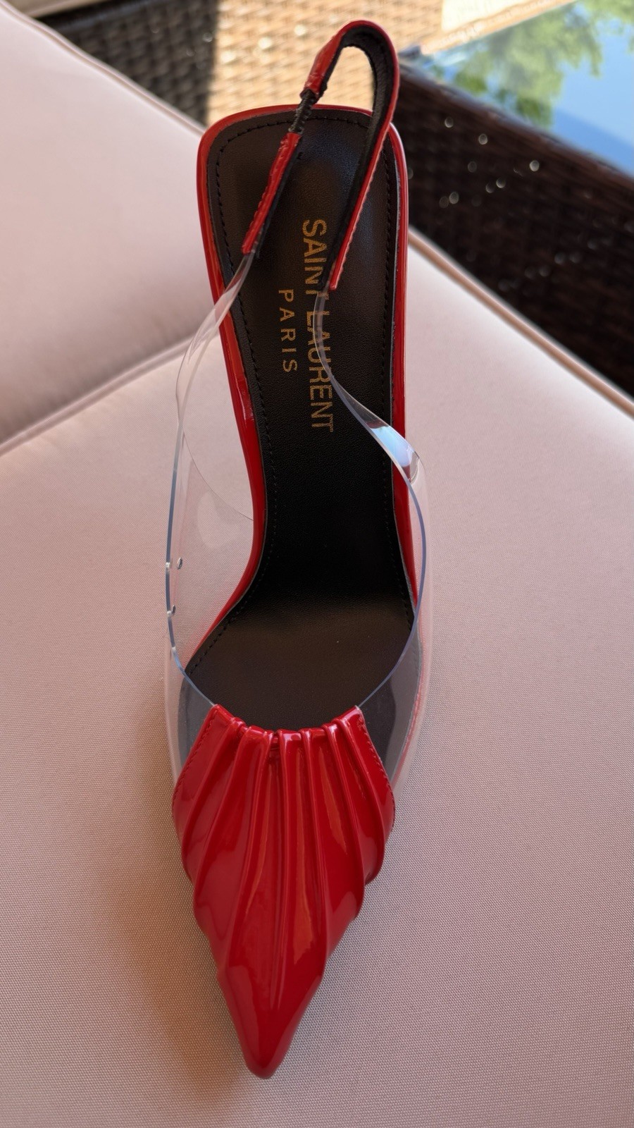 Saint Laurent Red Patent Leather & Clear PVC Pointed Toe Slingback Heels 36