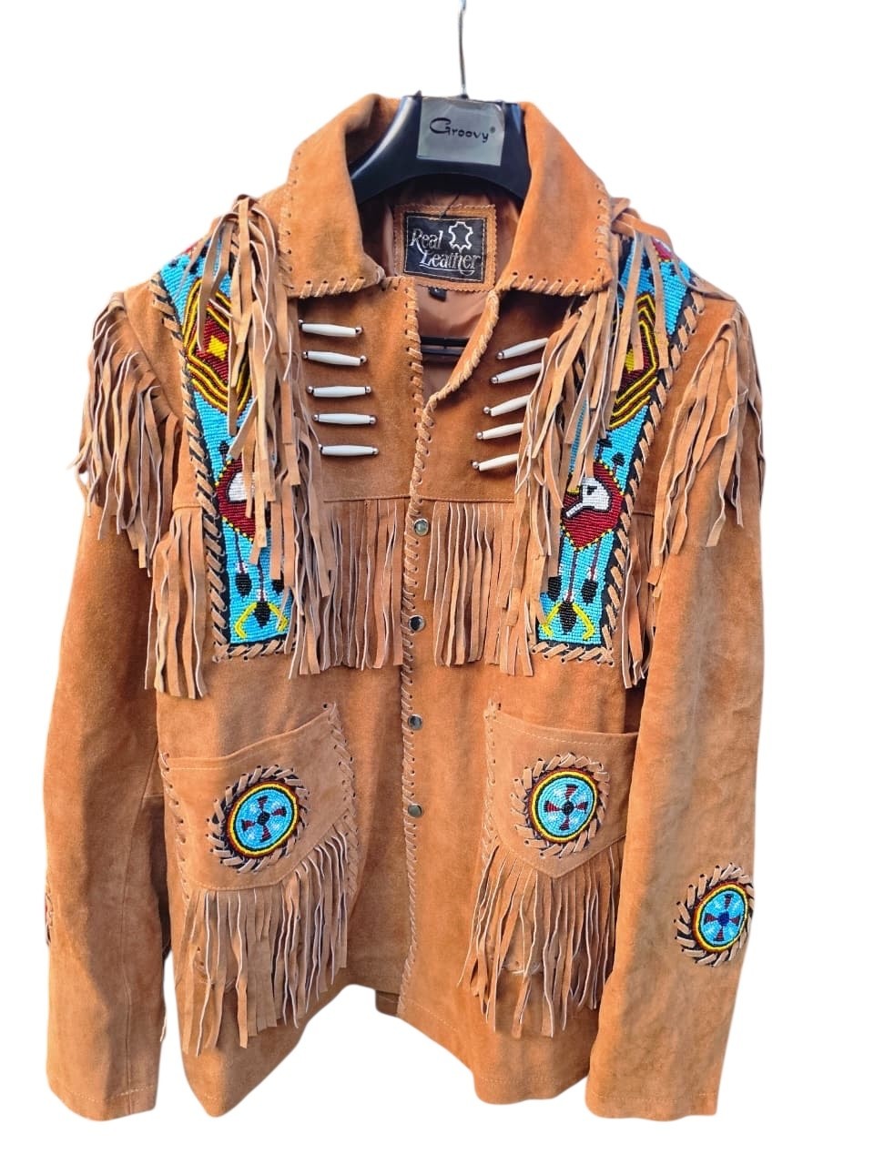 Men’s Genuine Cowhide Leather Brown Western Fringe Jacket Native Americans Style