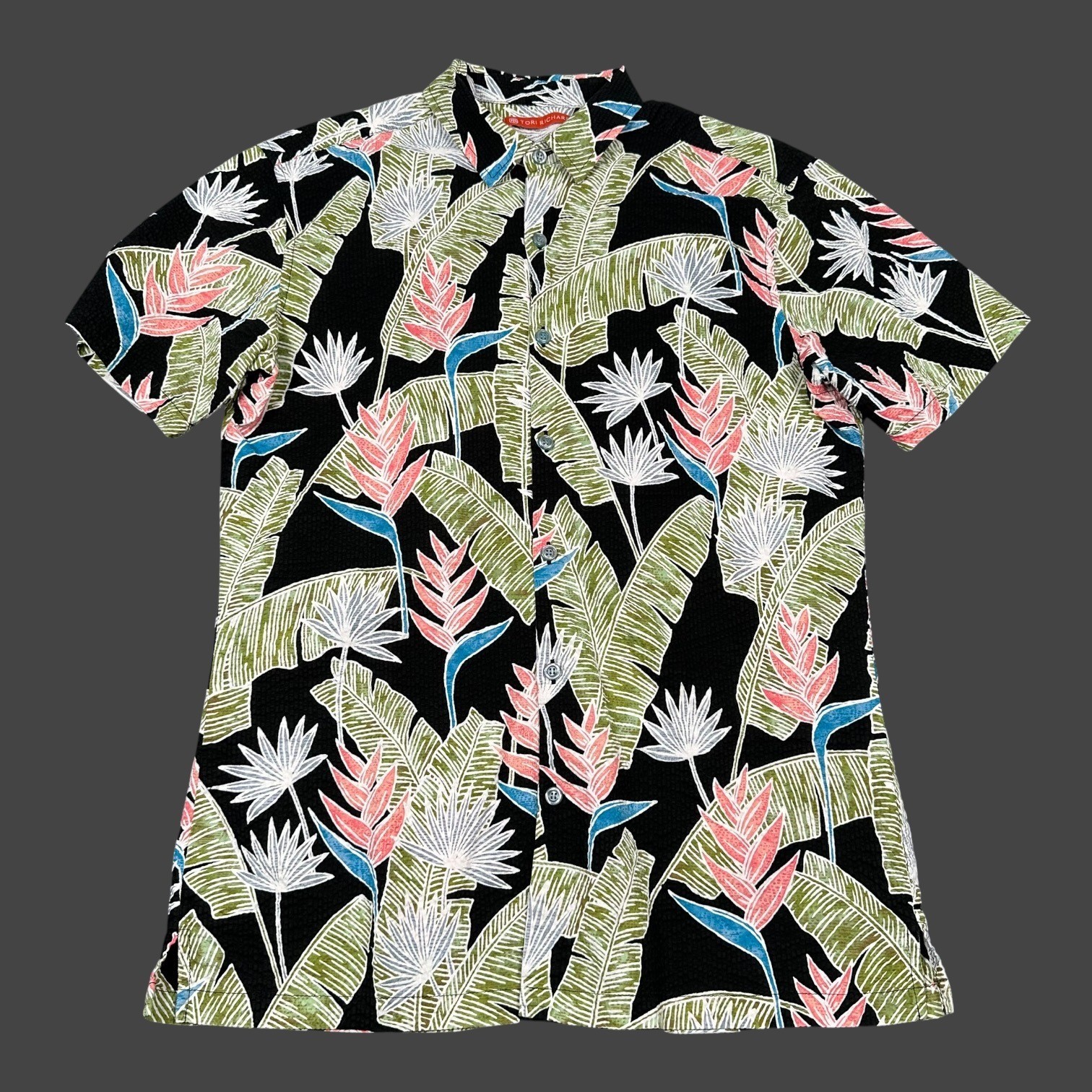 Tori Richard Shirt Mens Small Black Cotton Pucker Lawn Seersucker-Like Tropical