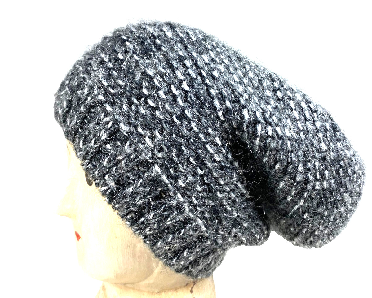 Black Gray Silver metallic Slouch Hat Beanie Made In Italy Mohair Blend