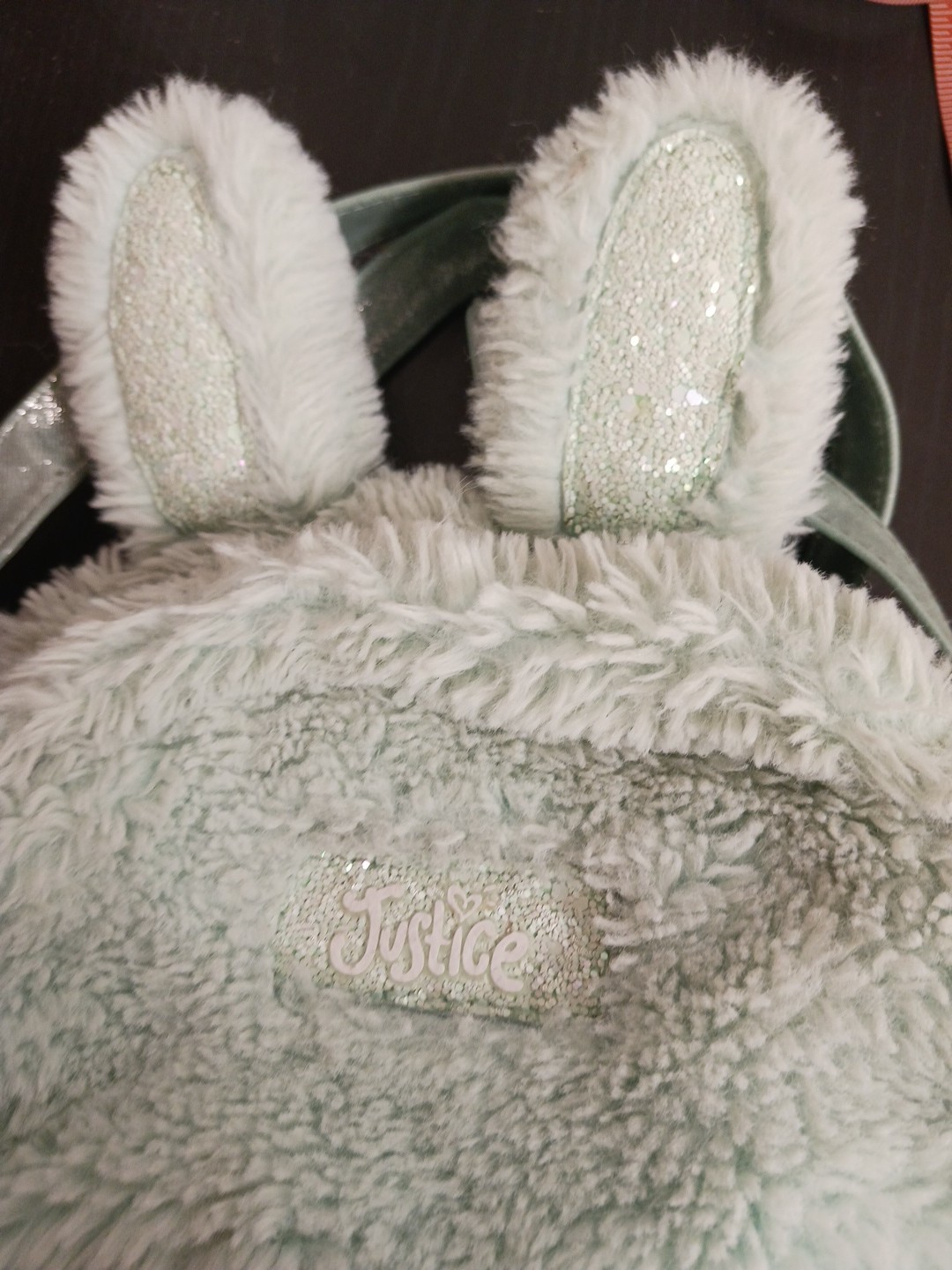 Justice Bunny Mint Plush Mini Backpack Soft Faux Fur Sequin Ears Zipper Pockets