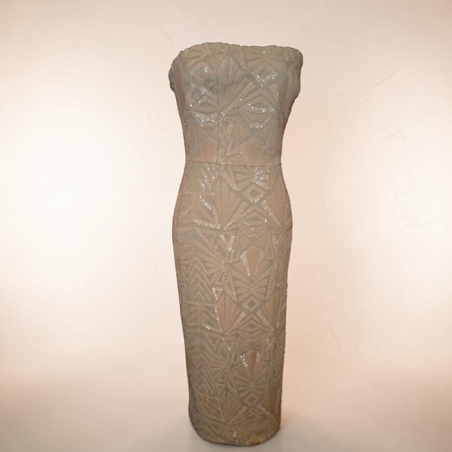 Dress the Population Strapless Sequin Geometric Pattern Midi Dress Peach