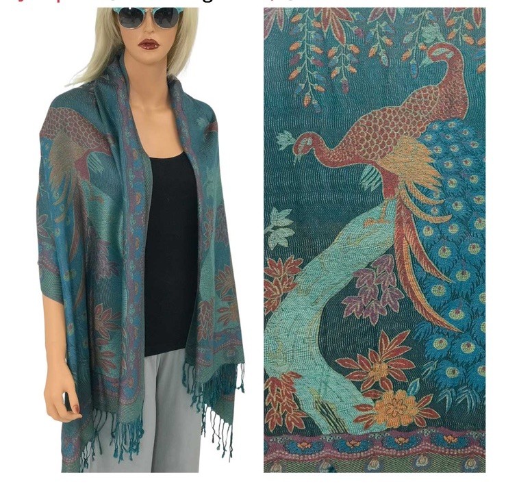 Magic Scarf Peacock teal XG2852TL Pashmina Style Shawls Scarfs Fringe 72”x27”