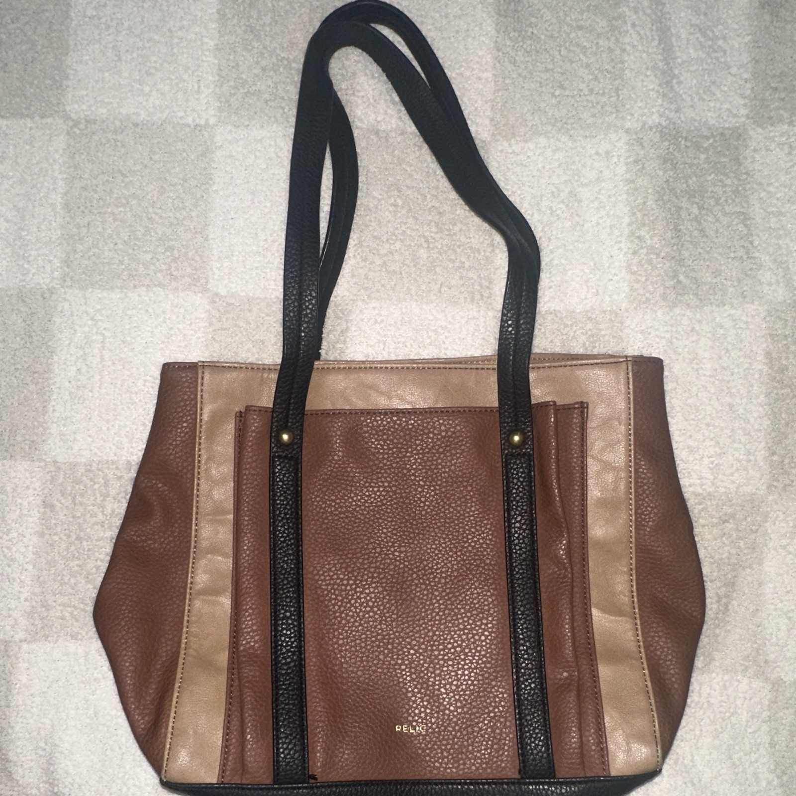 Relic Colorblock Pebbled Tote Bag Zip/Magnetic Close Inner Pockets Brown