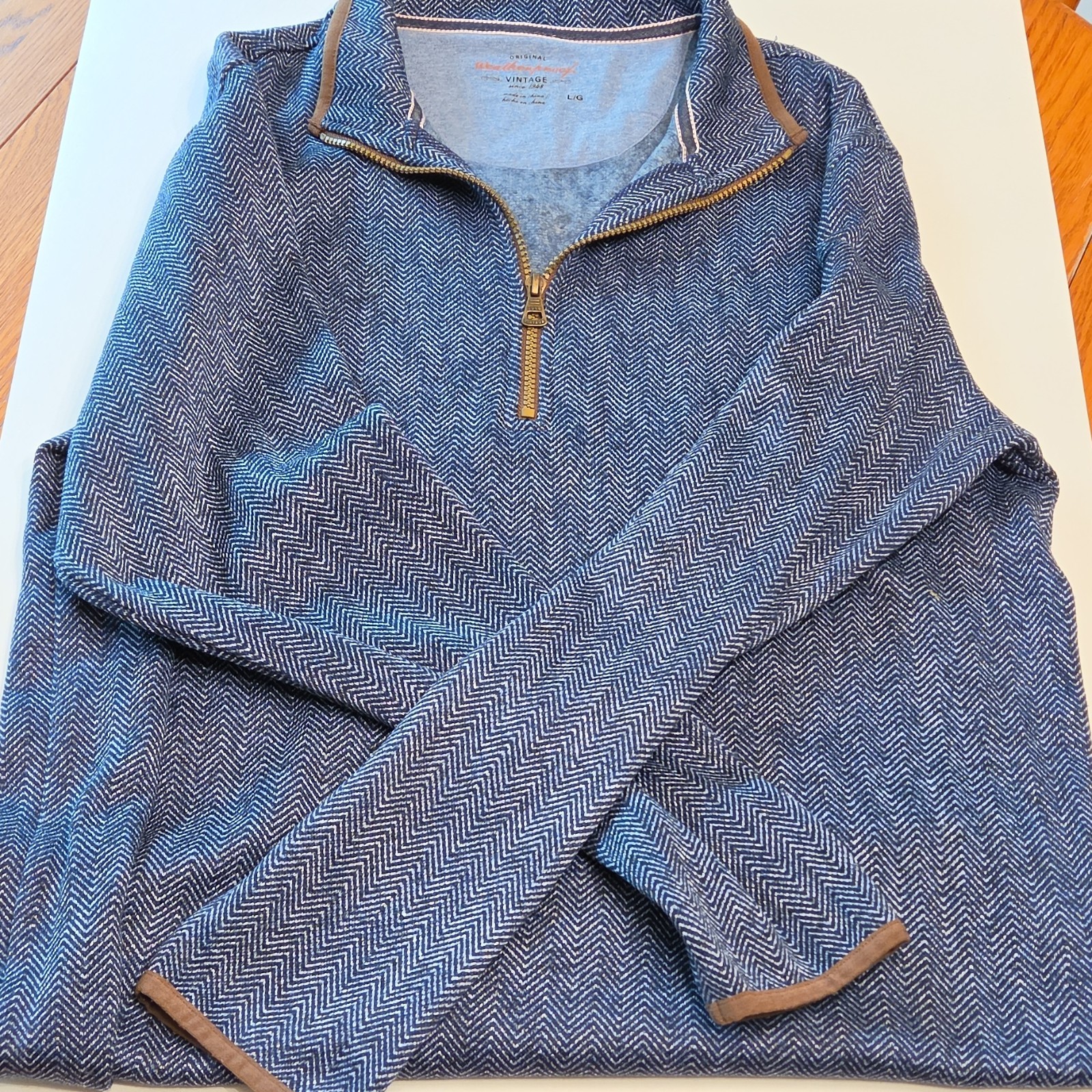 Weatherproof Men’s Blue Herringbone Knit 1/4 Zip Mock Neck Pullover Sweater L/G