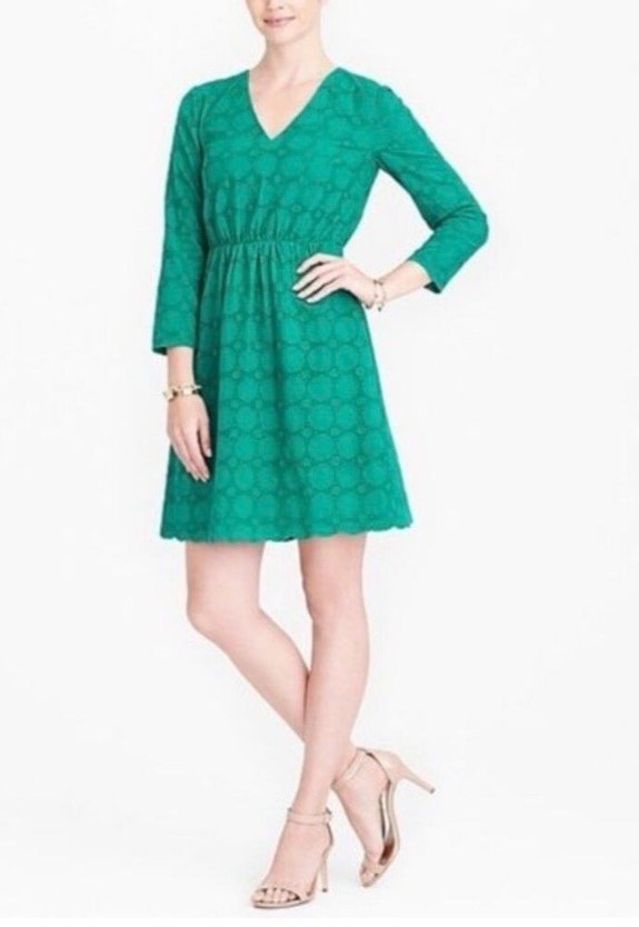 J.Crew Womens V Neck Green Eyelet Summer Long Sleeve Dress 100% Cotton size 00