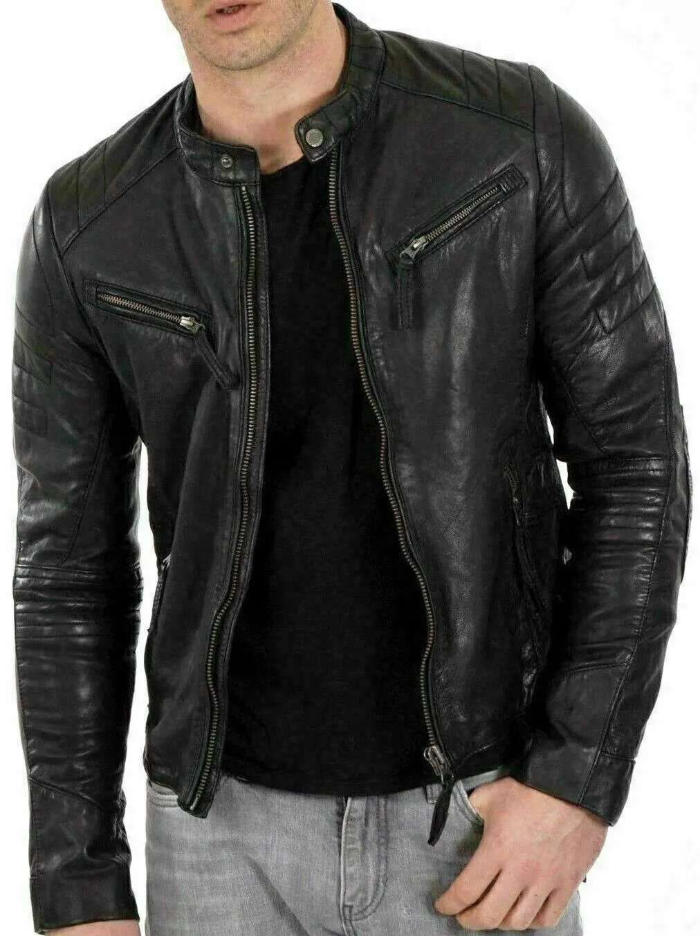 Men’s Slim Fit Leather Jacket Biker Motorcycle Real Lambskin Fashion Jacket
