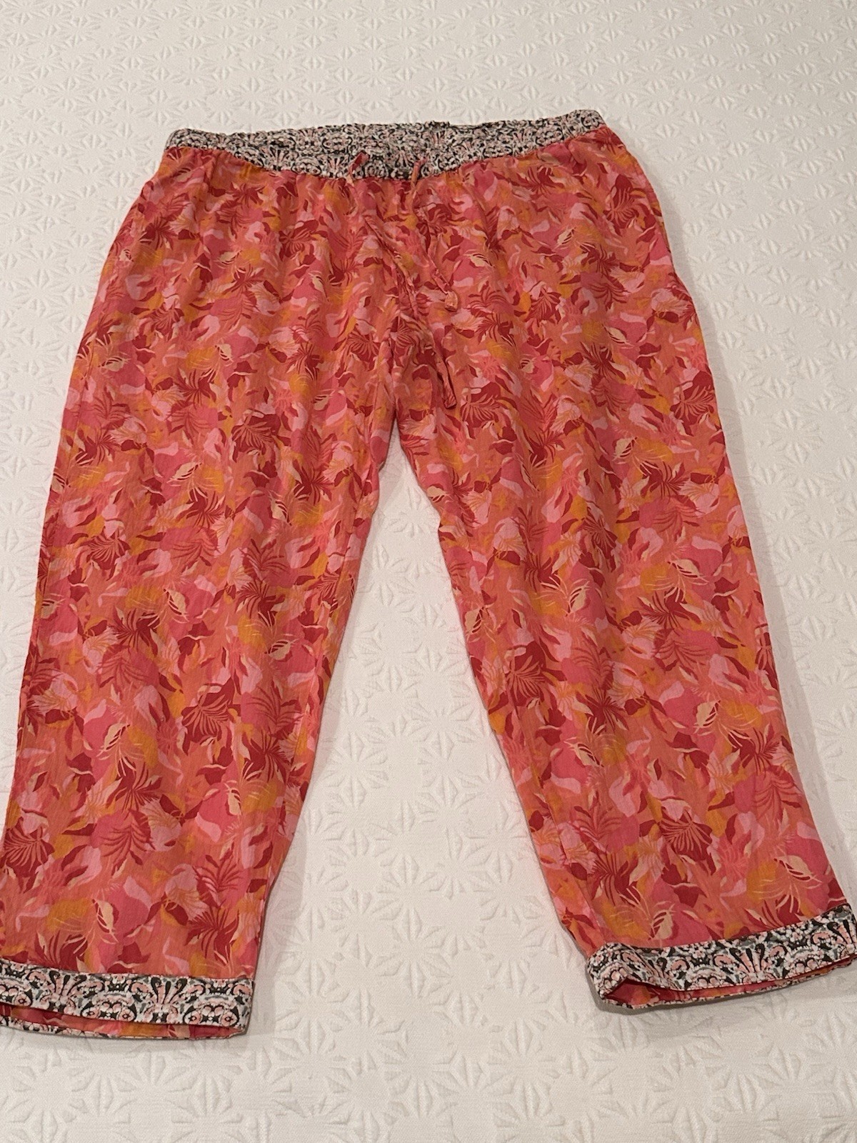 Sundance Pajama Pants M Pink Tropical Cotton Boho Pockets Drawstring Lounge