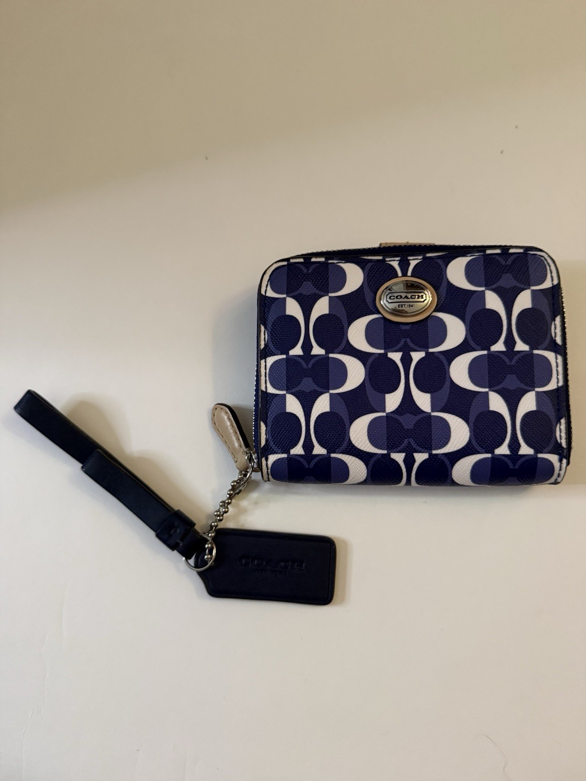 Coach Blue White Beige Logo Pattern Zip-Around Wallet w/ Credit Card Slots
