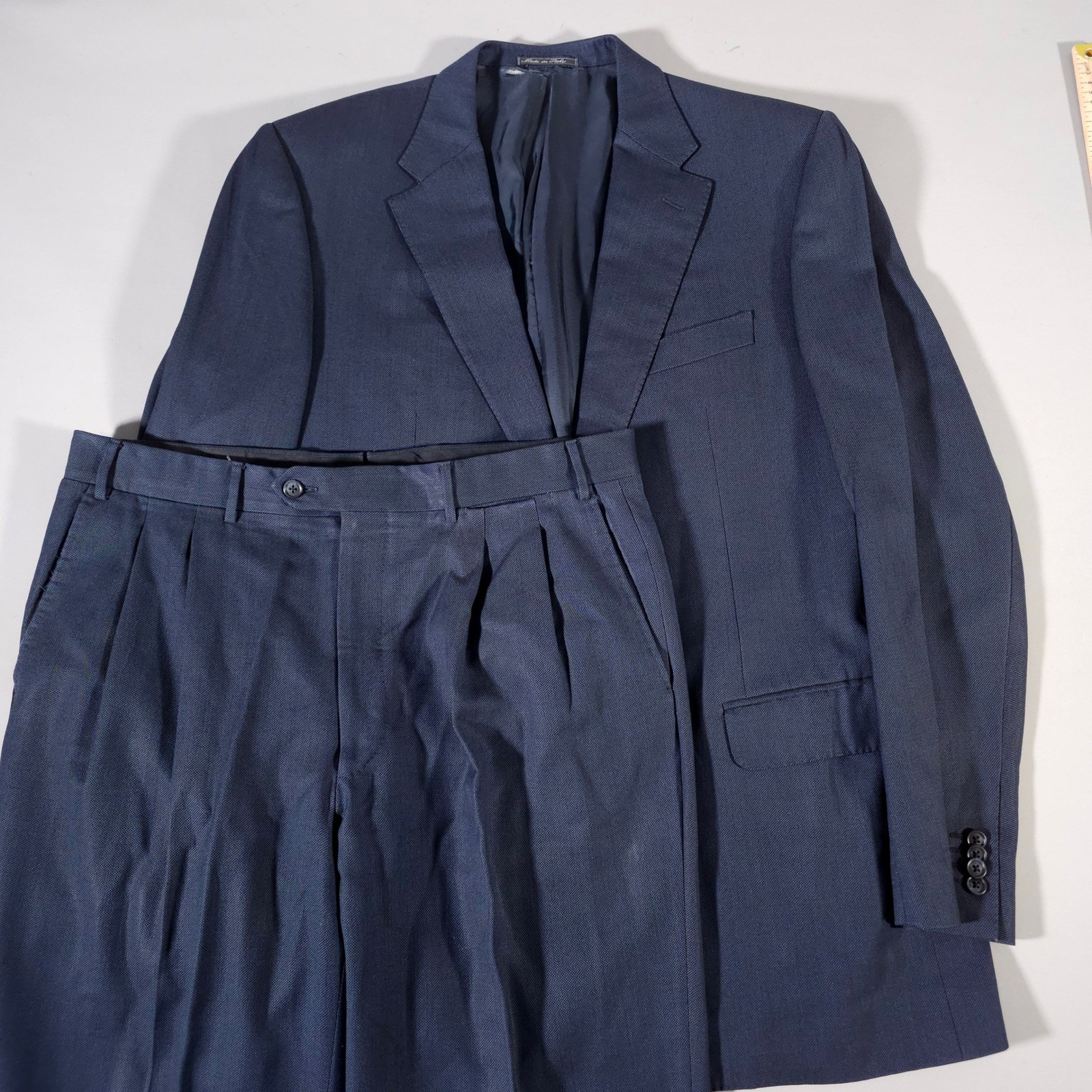 Corneliani Suit Men 44/54L Navy Blue Virgin 110 Wool Pleated Pant Made in Italy