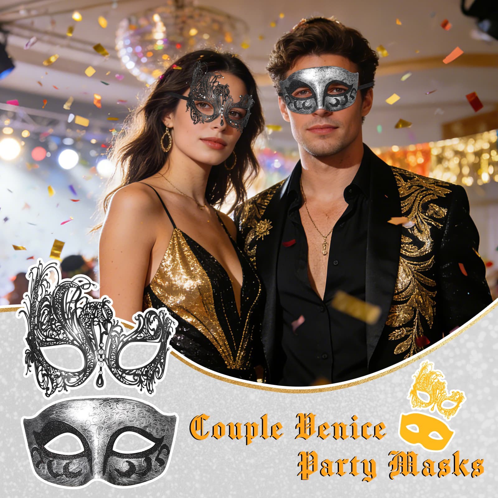 2Pcs Couple Carnival Masquerade Mask Set Metallic Festival Party Halloween Masks
