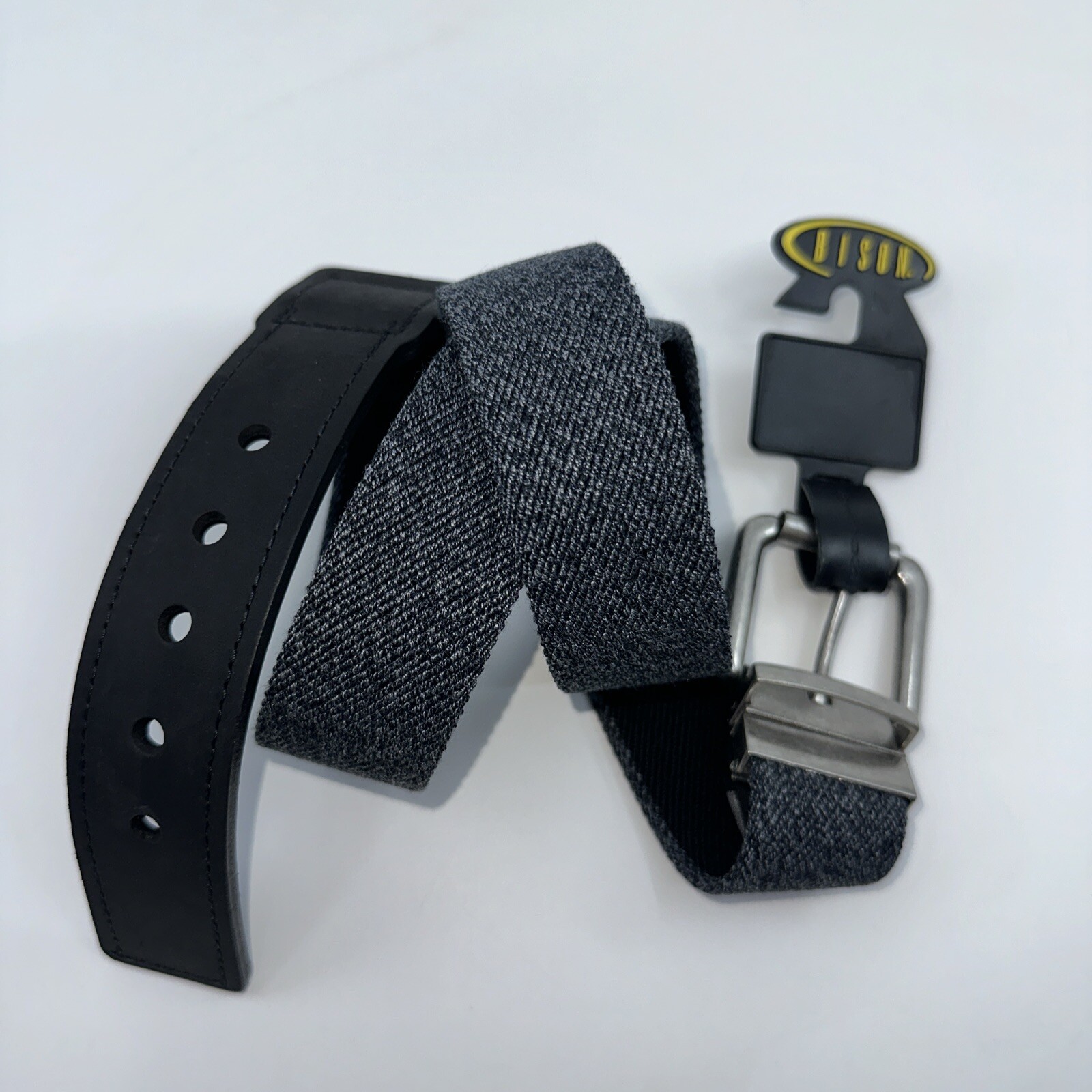 Bison Designs 35 mm Elastic Flip Tip Belt Gray Metal Buckle Sz 34 1.25″ Wide NEW