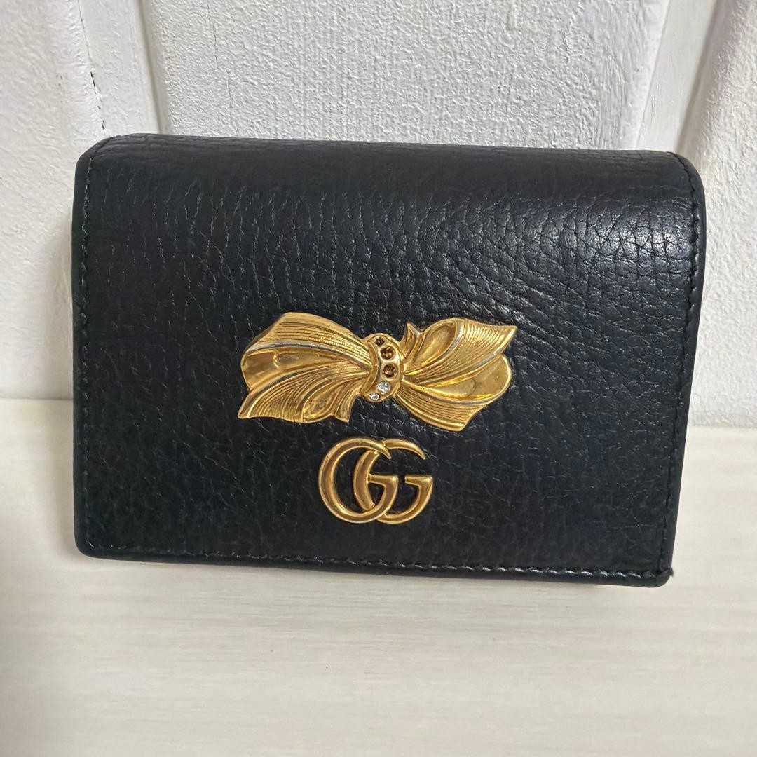 GUCCI Folded Mini Wallet Black Pink Leather Gold Logo Ribbon