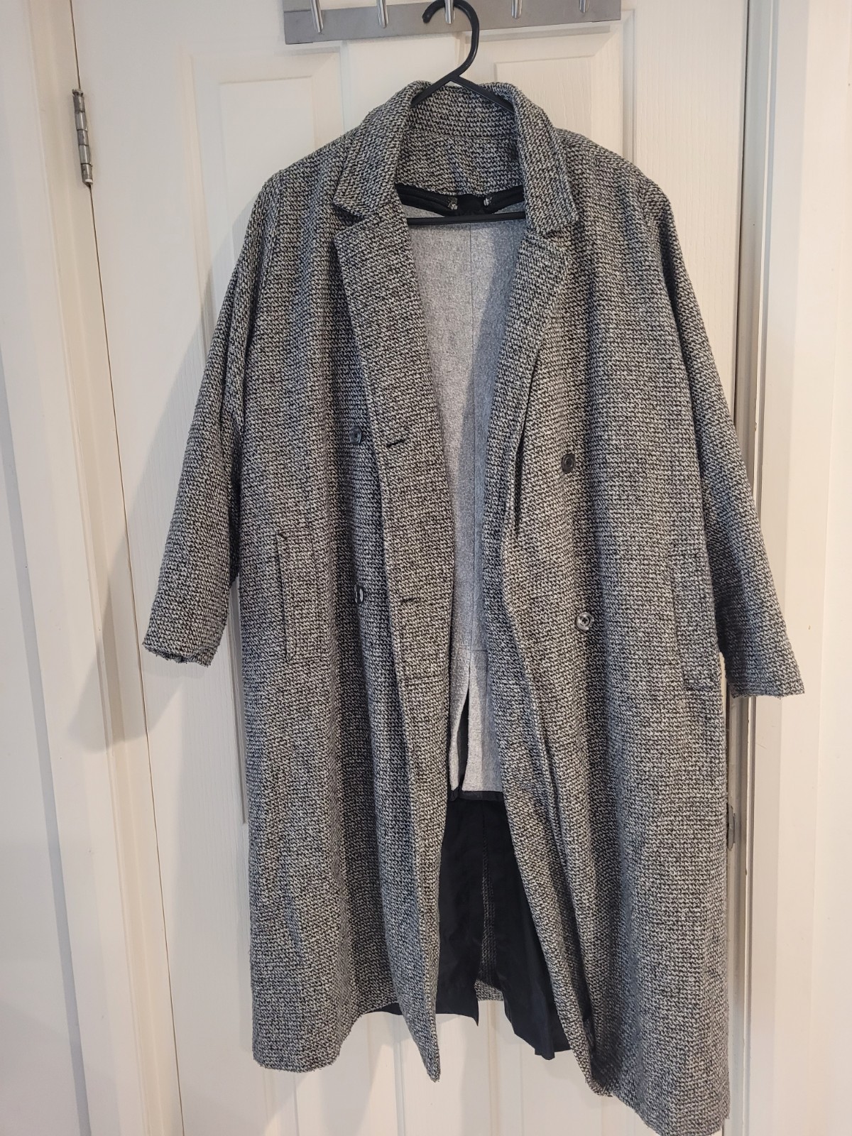 Vintage Wool Herringbone Double-Breasted Long Coat w/ Detachable Liner – Size M