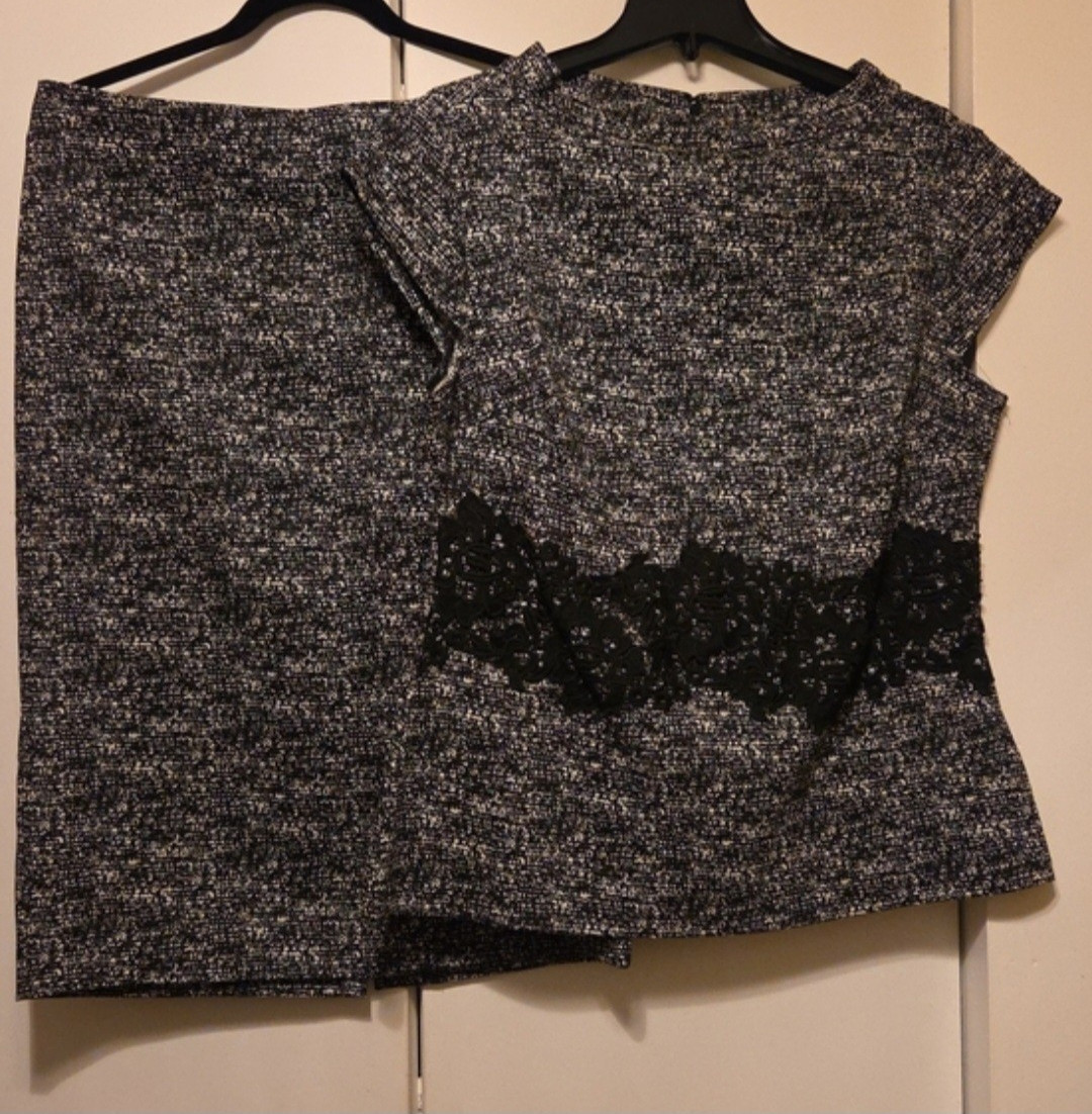 New York & Company XL Black/White Tweed 2pc Peplum Top & Skirt Lace Zip
