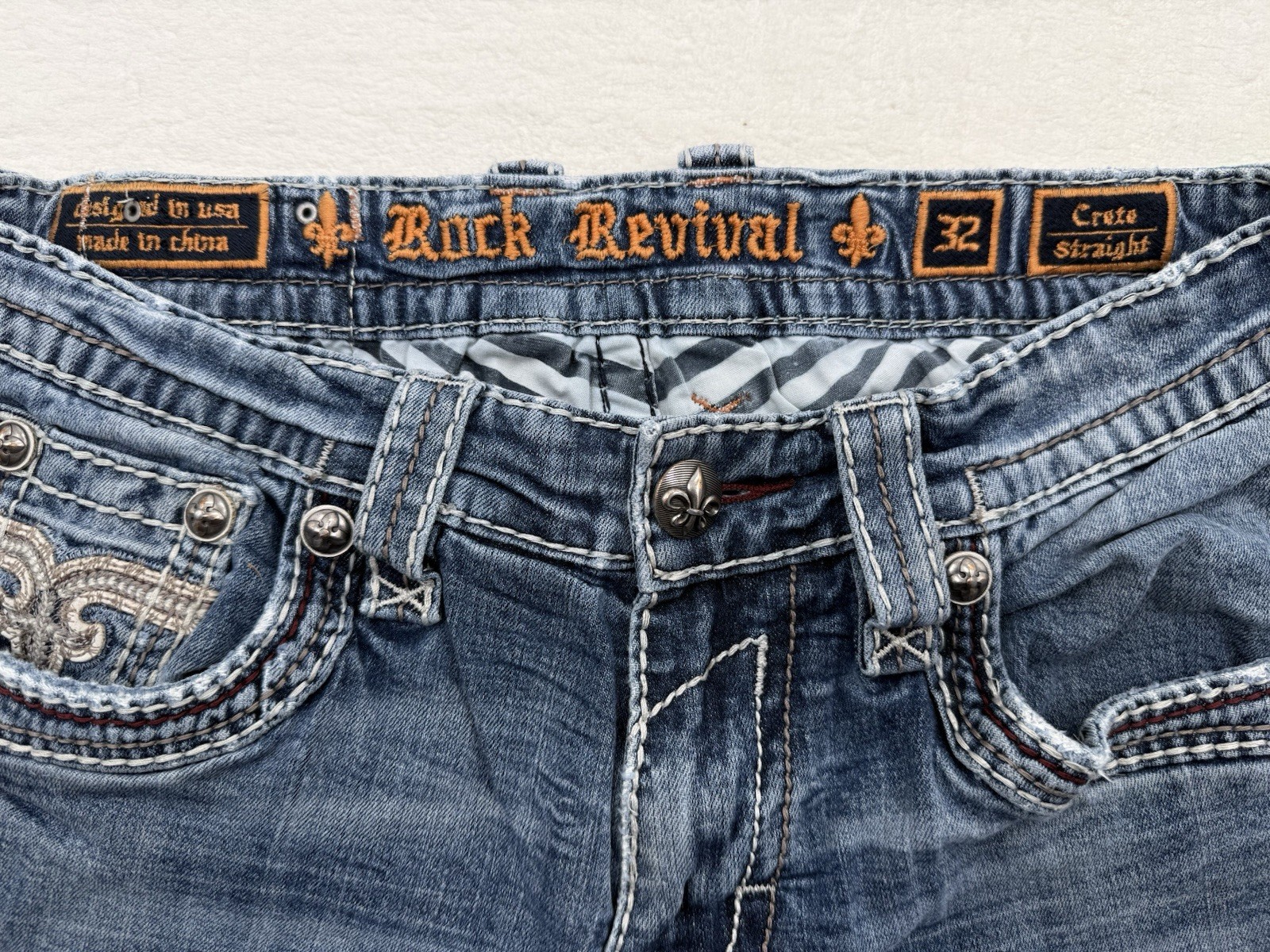 Rock Revival Mens Blue Medium Wash Crete Straight Leg Denim Jeans Size 32