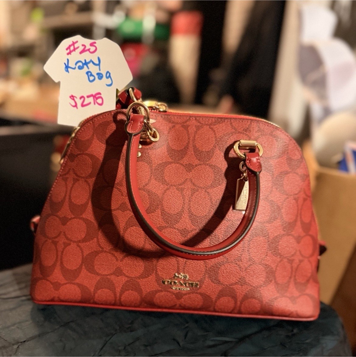 Coach Signature Small Dome Satchel Top Handle Zip Bag Red Gold Hardware Strap