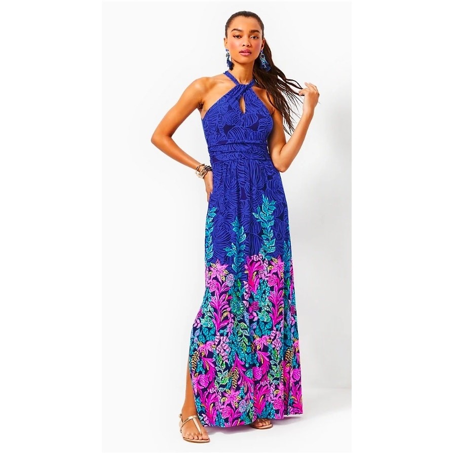 Lilly Pulitzer Orla Maxi Dress Aegean Navy Calypso Coast XL Resort wear Vacay
