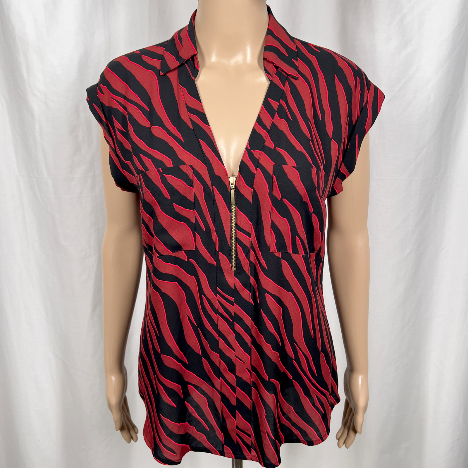 Express Women’s Small Red Black Zebra Collared Zip Front Short Sleeve Blouse Top