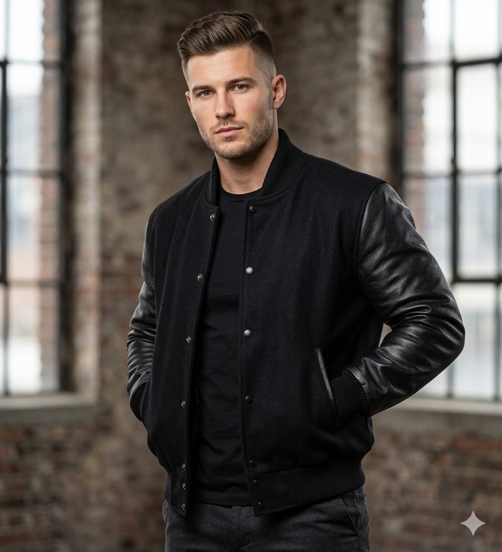 Classic Black Varsity Jacket Men’s Leather Sleeves